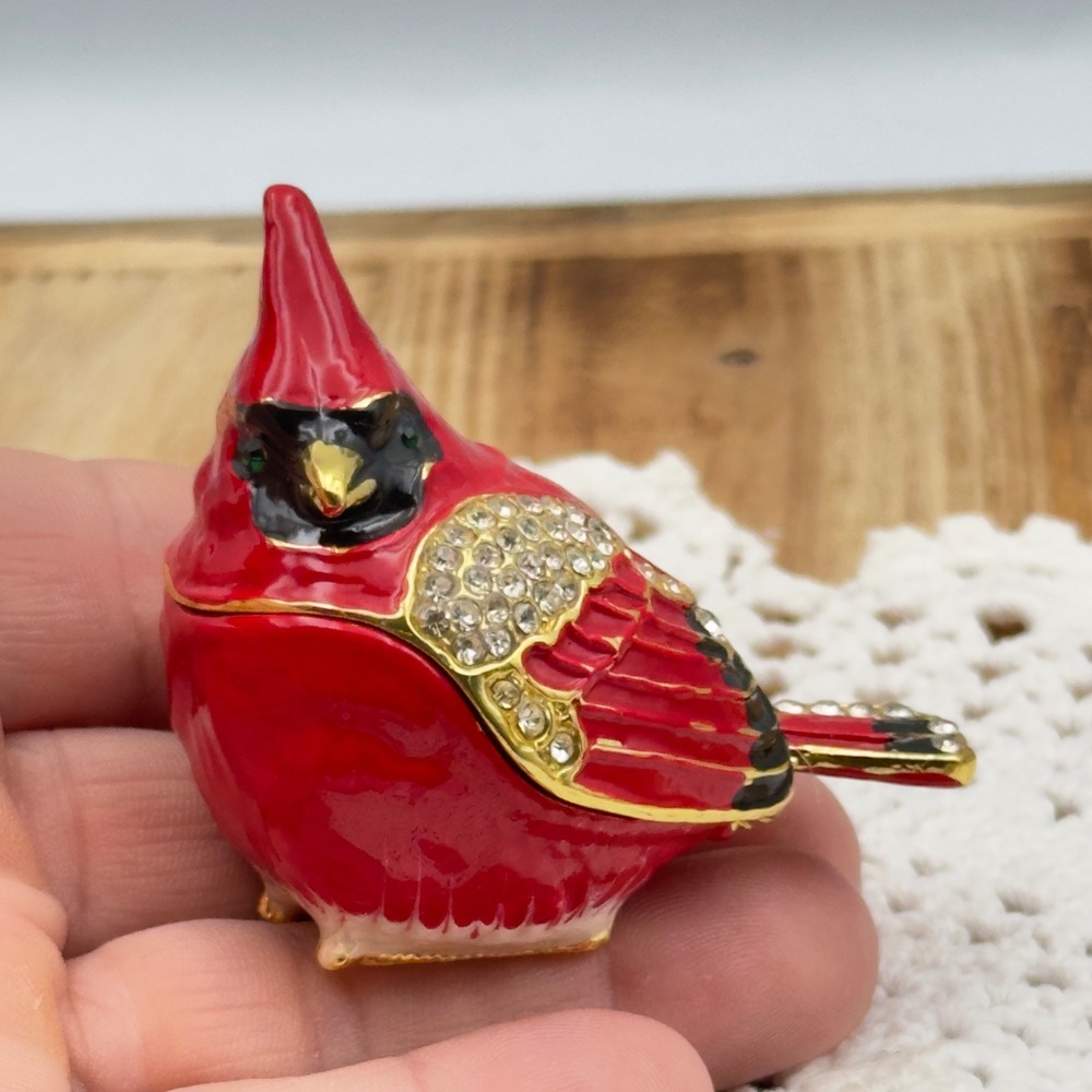 Cardinal Trinket Box Red Enamel Rhinestone Bird Figurine Small 2" Gift Miniature
